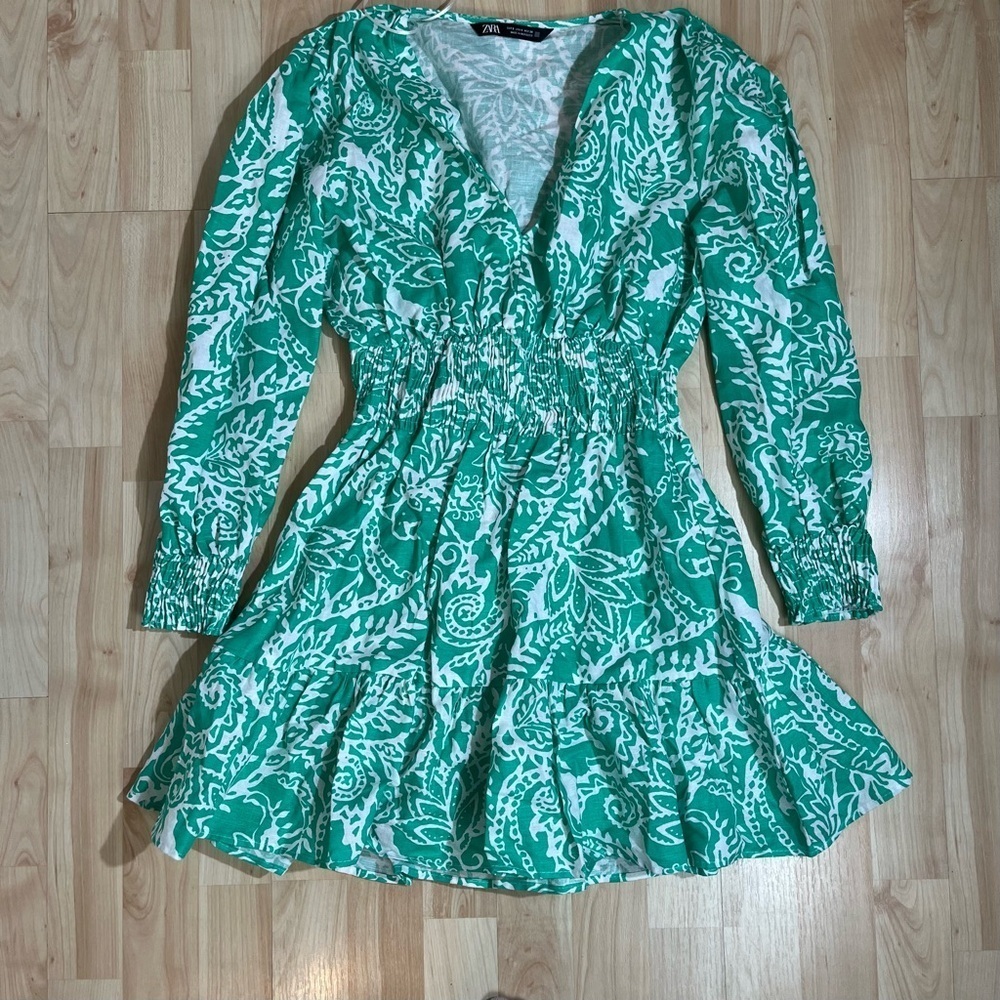 Zara Green & White PRINTED LINEN BLEND MINI Long Sleeve DRESS Size Small - Picture 2 of 8